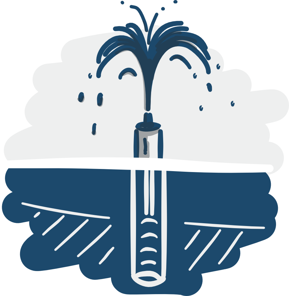 Dessin d'une foreuse dans le sol et du haut de laquelle jaillit de l'eau, illustrant le service "Hydrogéologie" de BEG SA