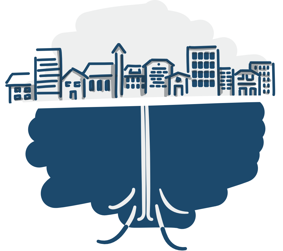 Dessin d'une ville qui semble aspirer de l'air chaud de son sous-sol, illustrant le service "Géothermie" de BEG SA