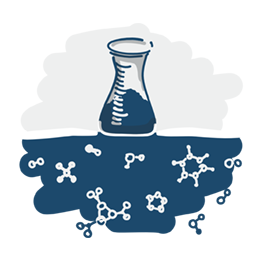 Dessin d'une fiole utilisée en chimie posée sur le sol illustrant le service "Environnement" de BEG SA.