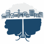 Dessin d'une ville qui semble aspirer de l'air chaud de son sous-sol, illustrant le service "Géothermie" de BEG SA.