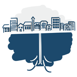 Dessin d'une ville qui semble aspirer de l'air chaud de son sous-sol, illustrant le service "Géothermie" de BEG SA.