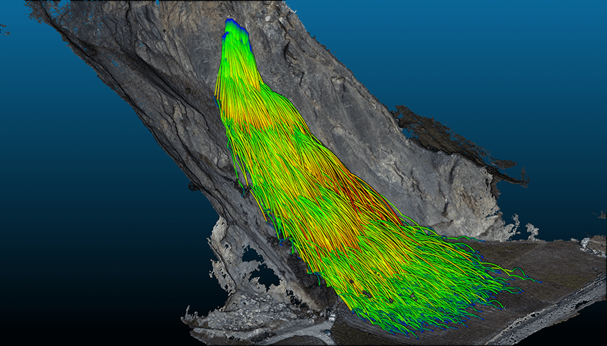 Un schéma technique illustrant des trajectoires de chutes de pierres dans une vallée depuis un plan rocheux.